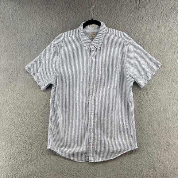 J.Crew Men’s Classic Fit Blue White Stripe Seersucker Short Sleeve Shirt LT - Picture 1 of 12